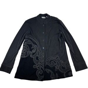 Chicos Travelers Black Burnout Velvet Floral Jacket Shirt Button Front 1‎ (M)